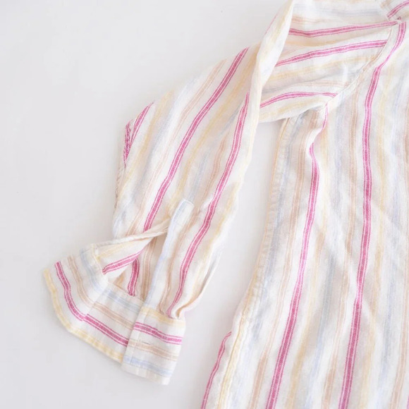 Gap Cream w Pink Stripe 55%  Linen Button Up Lightweight Dress Shirt Size XL - Picture 9 of 11